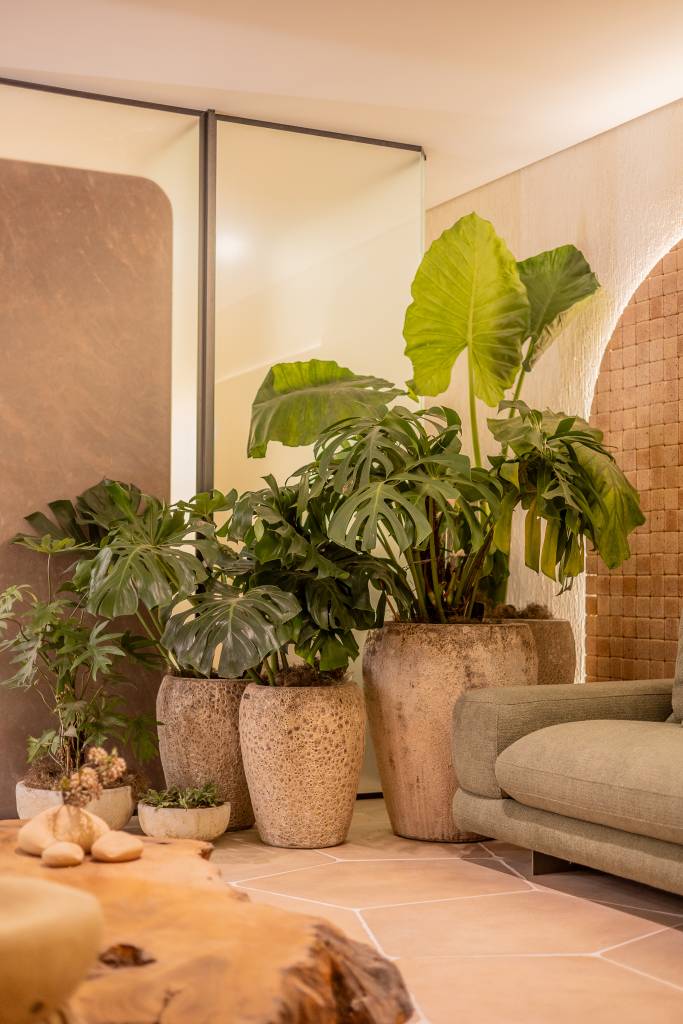 Estúdio de 88 m² traz recursos de acessibilidade de forma elegante e estética. Projeto de ADVP para a CASACOR São Paulo 2024. Na foto, plantas, paisagismo.