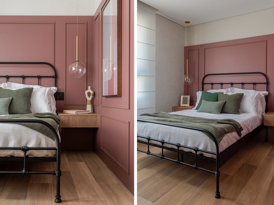 Cama solta: a peça que dá mais funcionalidade e versatilidade aos quartos. Projeto de Mari Milani. Na foto, quarto, parede rosa, bosierie, cama solta de metal preto.