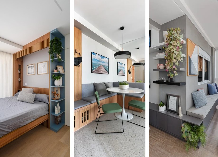 De bancos com baús até camas ocultas: 9 projetos com soluções criativas e funcionais de marcenaria. Projeto de Natalia Salla. Na foto, cama retrátil, hall com banco e sapateira, varanda.