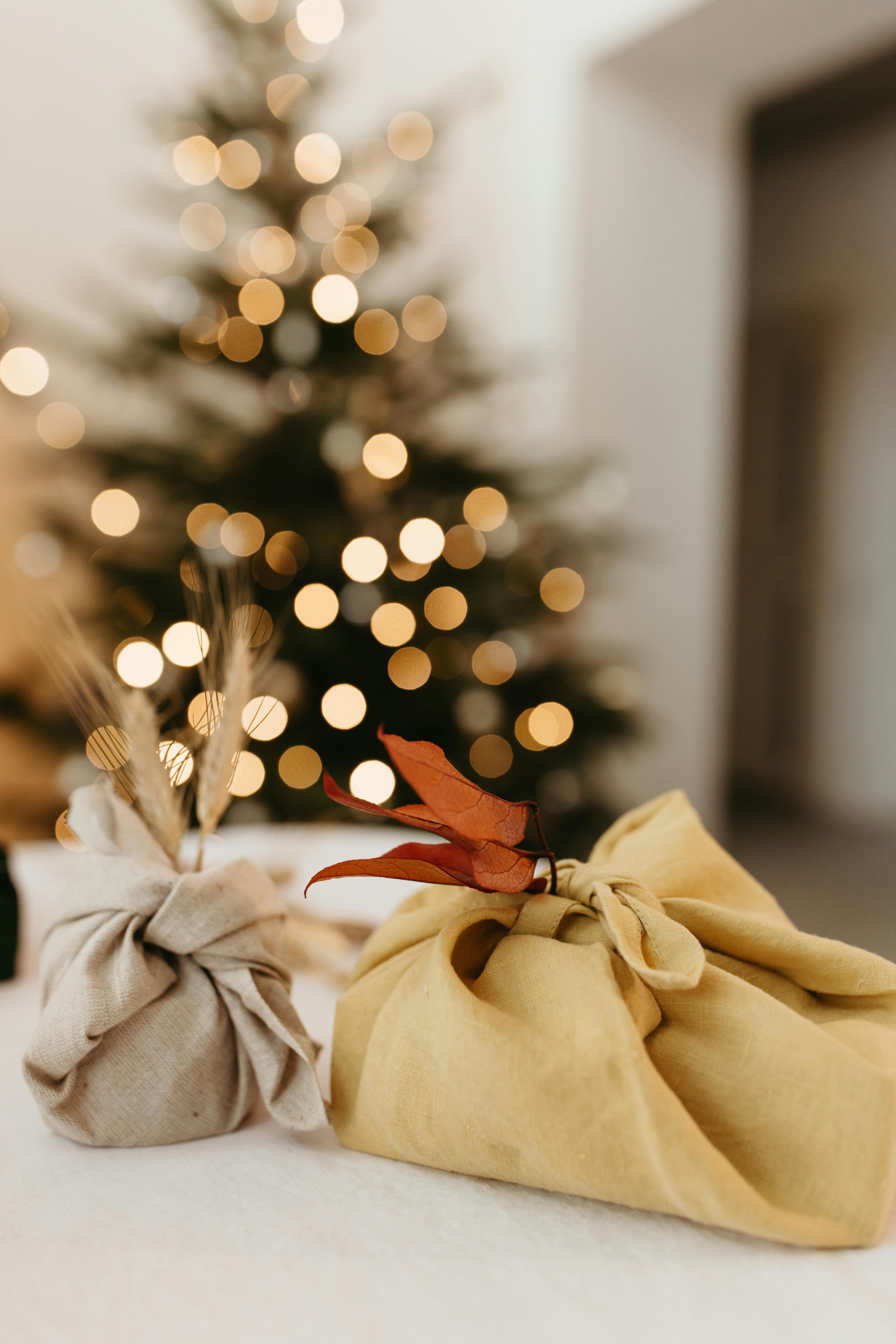 Dicas para celebrar o Natal de forma sustentável. Na foto, presentes embrulhados com tecido.