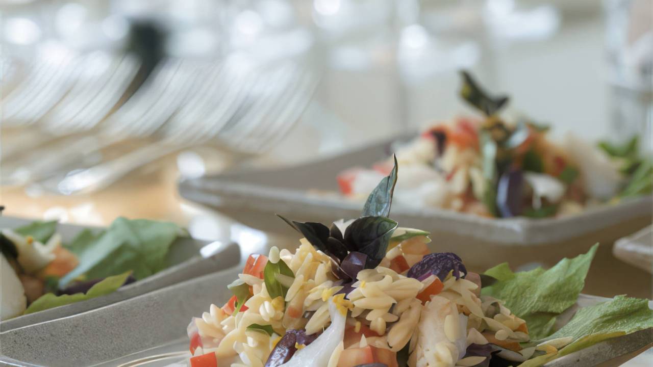 A imagem mostra um prato colorido de salada de bacalhau com risoni, incluindo pedacinhos de tomate vermelho, azeitonas pretas e folhas verdes de manjericão fresco. O bacalhau desfiado é visível, envolto em um molho de azeite, e o prato apresenta uma apresentação apetitosa, ideal para um almoço de verão.