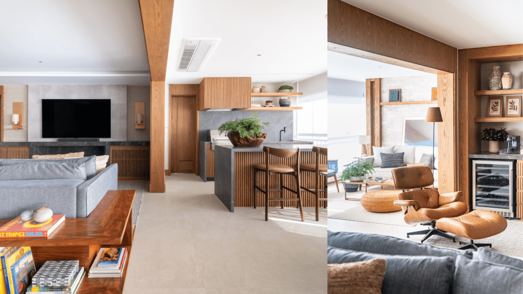 Cinco formas de explorar o pé-direito em uma residência. Projeto de Andrea Teixeira Arquitetura e Interiores. Na foto, sala de estar com tons quentes.