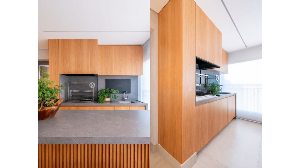Cinco formas de explorar o pé-direito em uma residência. Projeto de Andrea Teixeira Arquitetura e Interiores. Na foto, armário extenso na área gourmet.