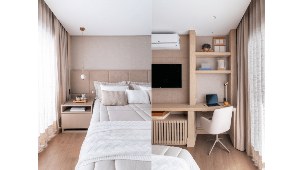 Cinco formas de explorar o pé-direito em uma residência. Projeto de Andrea Teixeira Arquitetura e Interiores. Na foto, quarto com tons neutros.