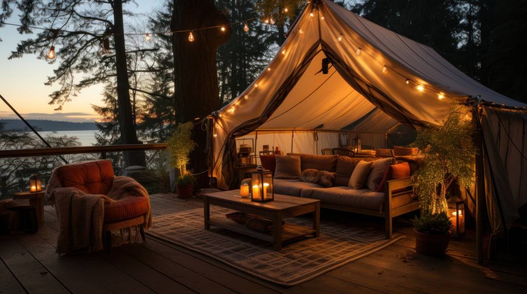 Conheça o estilo glamping que une sofisticação e conexão com a natureza. Freepix. Na foto: estilo glamping, tenda, sofás na área externa