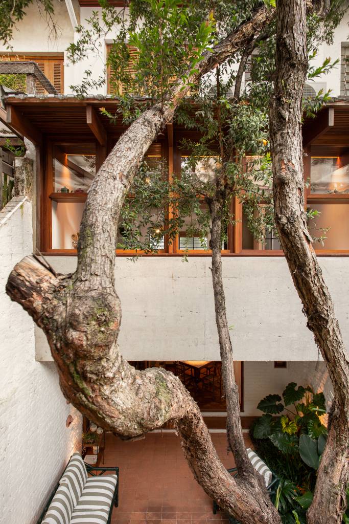 Lindo sobrado geminado tem cozinha com quintal com jardim. Projeto de VAGA Arquitetura.