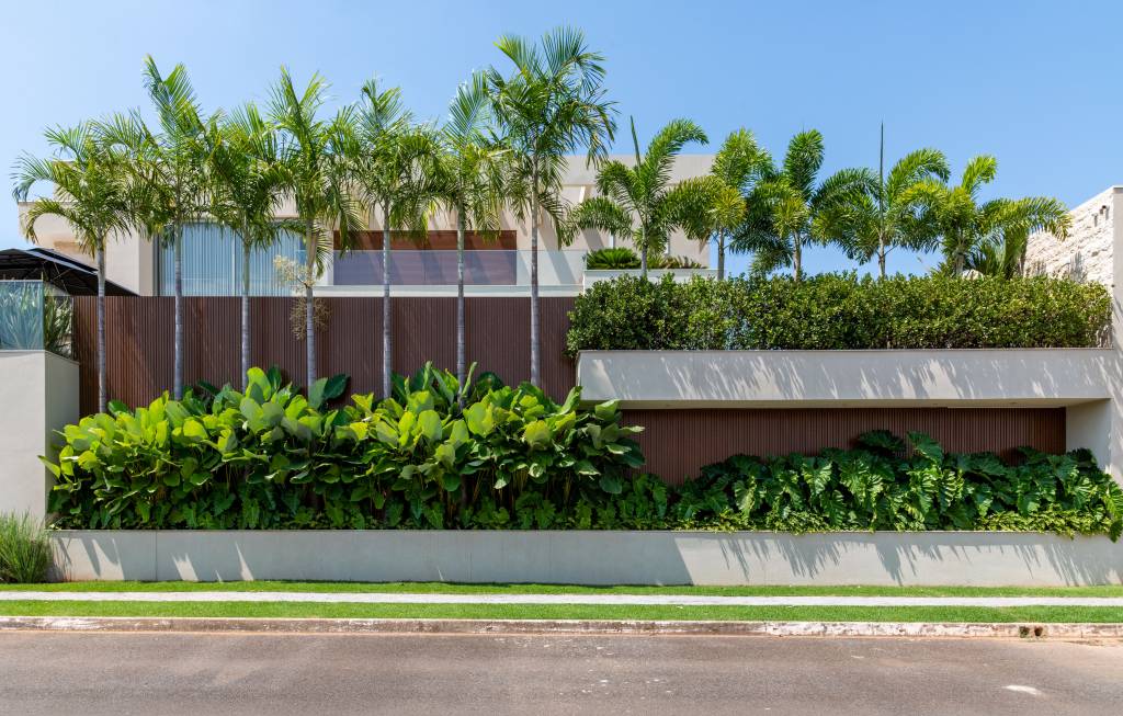 Palmeiras abraçam fachada e piscina nesta casa com paisagismo tropical. Paisagismo de Flávia D’urso.