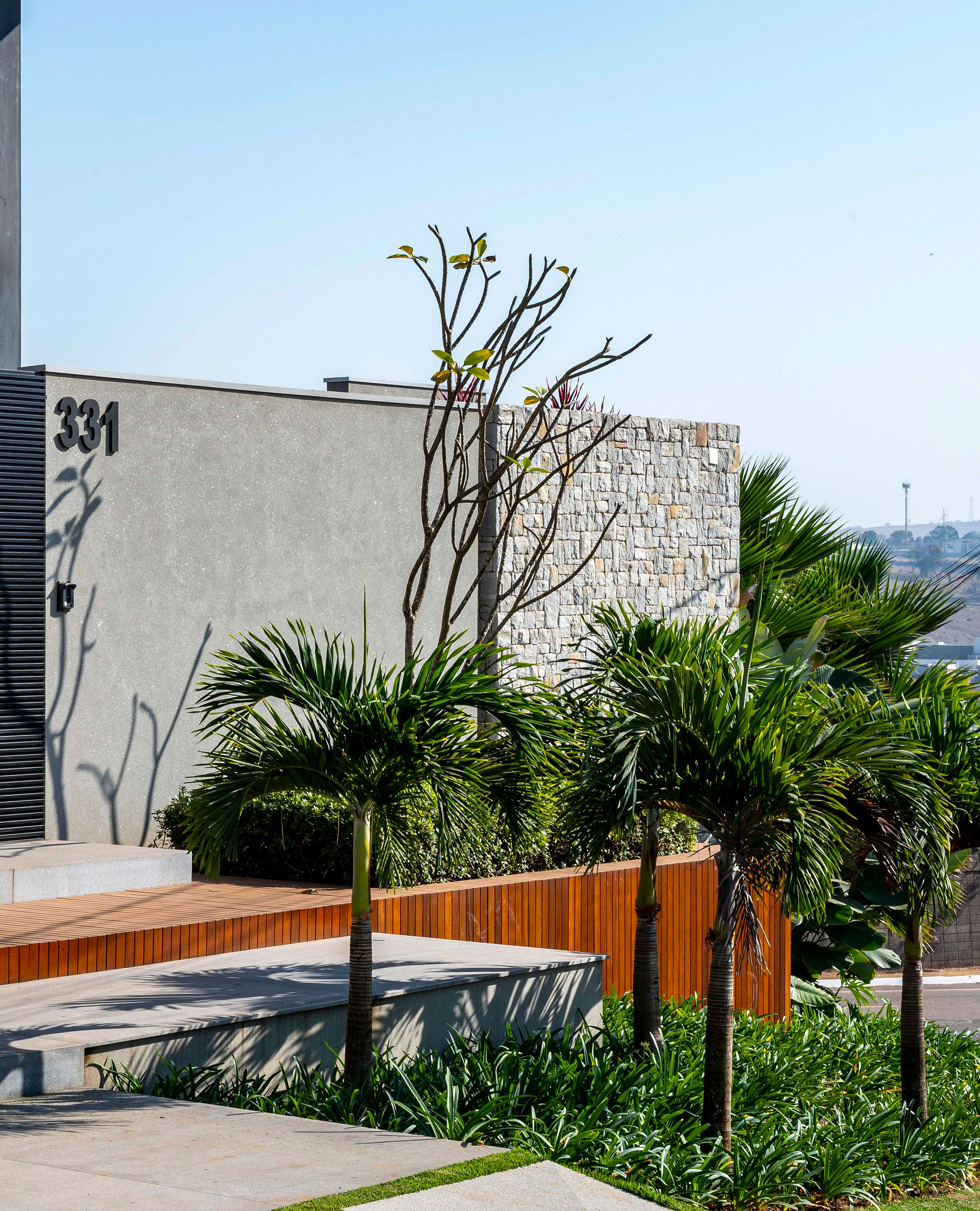 Casa aposta em paisagismo tropical com 19 espécies de plantas. Projeto de interiores de Paula Gonçalves Reis e paisagismo de Flávia D’Urso. Na foto, palmeiras altas se destacam.