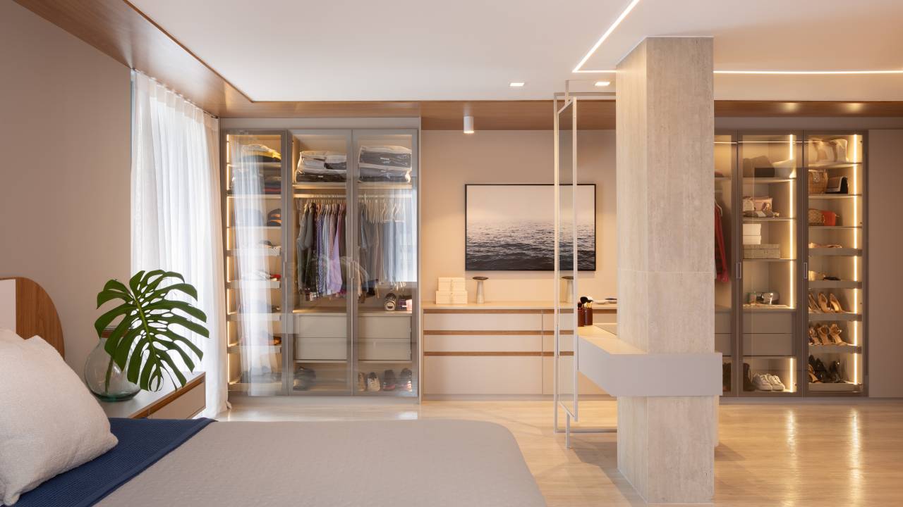 Cobertura tem super suíte de 40 m² com cama king, penteadeira suspensa e closet aberto. Projeto de Felipe Rohen.