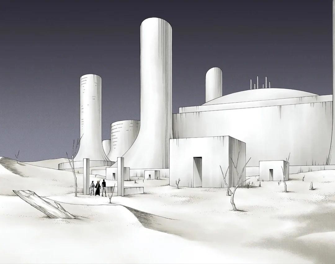 Três figuras escuras em um deserto branco com edifícios futuristas e torres de resfriamento gigantes ao fundo, sob um céu cinza-azulado