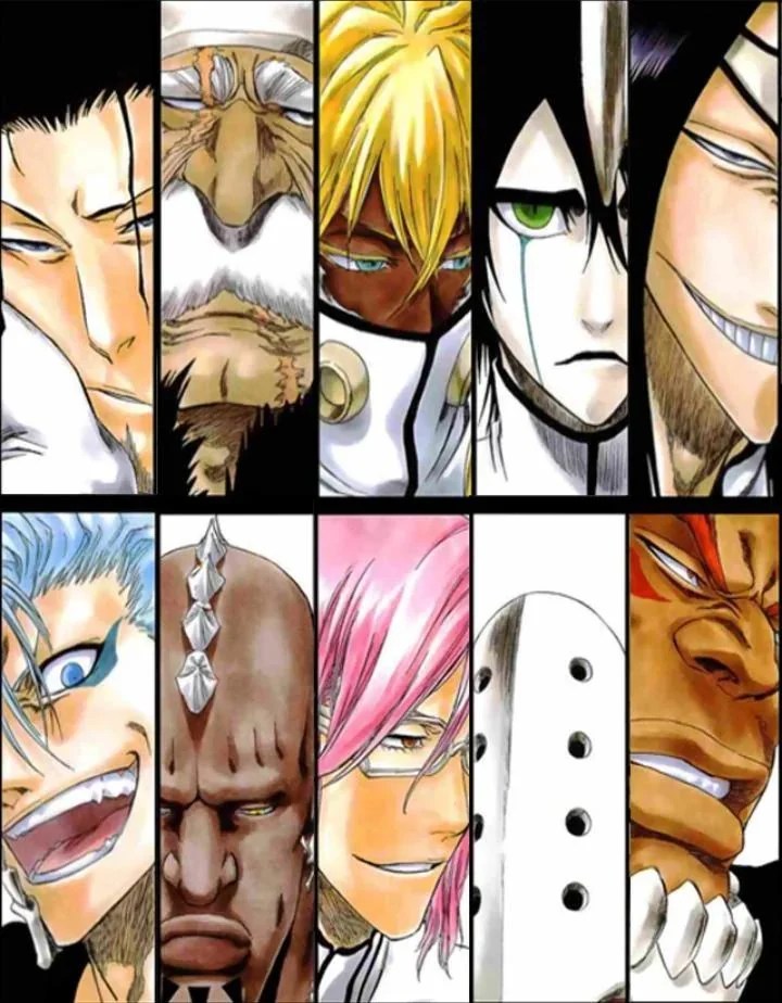 Dez personagens de anime, cada um em um painel vertical, com expressões variadas. Inclui um homem de cabelo preto, um ancião de barba branca, um homem de cabelo loiro e pele escura, um homem de cabelo preto e olhos verdes, um homem de cabelo preto e sorriso largo, um homem de cabelo azul e sorriso aberto, um homem careca com pontas na cabeça, um homem de cabelo rosa e óculos, uma máscara branca com furos e um homem de pele escura e expressão furiosa
