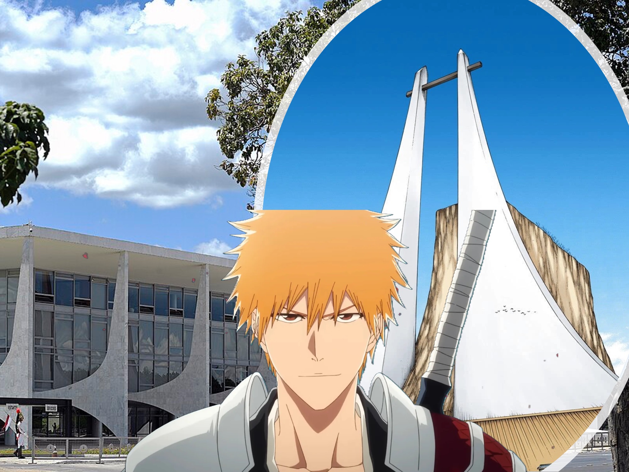 Ichigo Kurosaki, personagem de anime com cabelo laranja espetado e expressão séria, sobreposto a uma imagem do Palácio do Planalto e da Catedral de Brasília, sob céu azul com nuvens