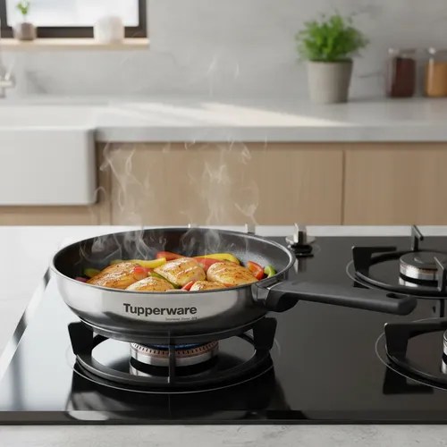 Frigideira Tupperware de metal com cabo preto, cheia de pedaços de frango e pimentões coloridos, cozinhando em fogão a gás preto com chama azul, liberando vapor. Cozinha moderna com bancada clara e armários de madeira ao fundo
